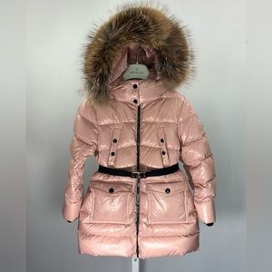 MONCLER KIDS - Puffer Hooded Quilted Down Long Jacket with Fur Trim. Pale Pink.